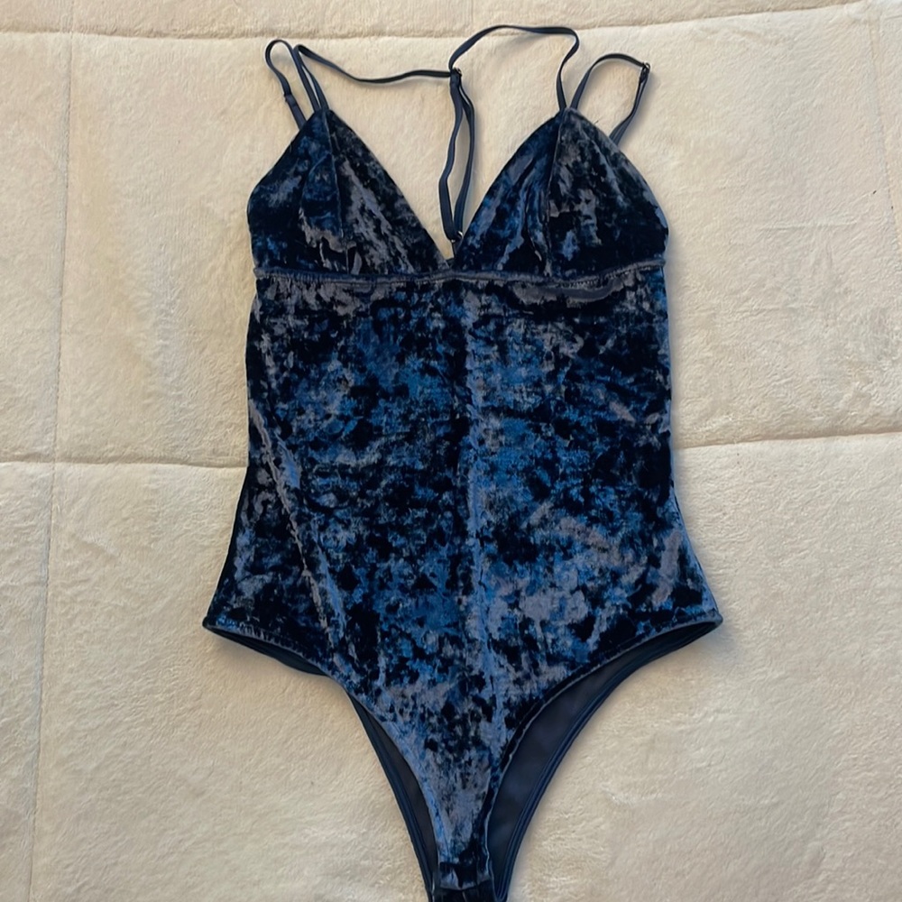 The Impeccable Pig navy blue velvet body suit